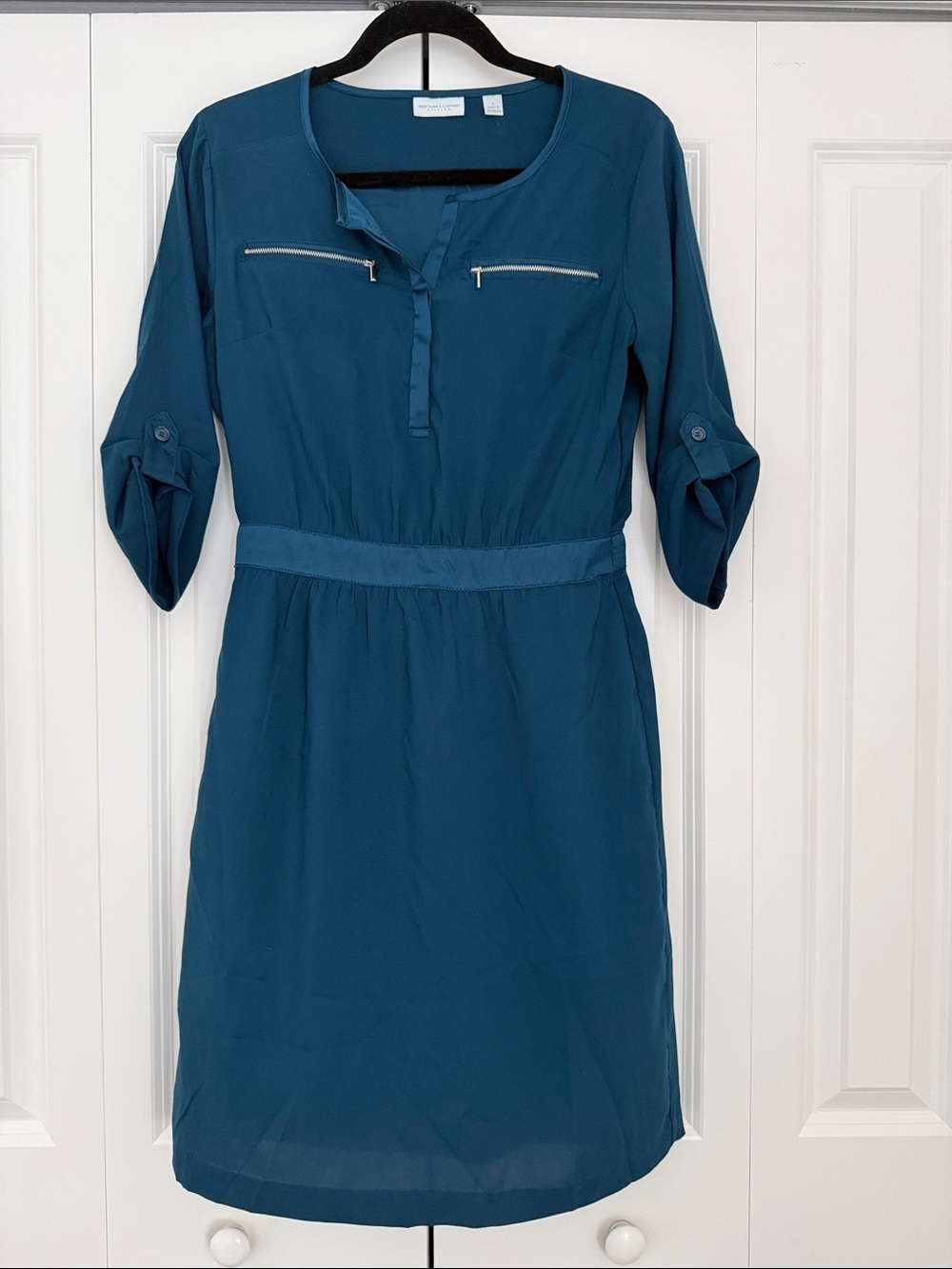 New York & Company Teal Midi Shirt Dress with Zip Accents